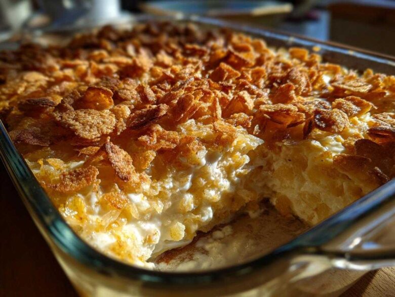 Close-up of a creamy Tennessee Onions Casserole in a glass dish, featuring a golden, crunchy cornflake topping.