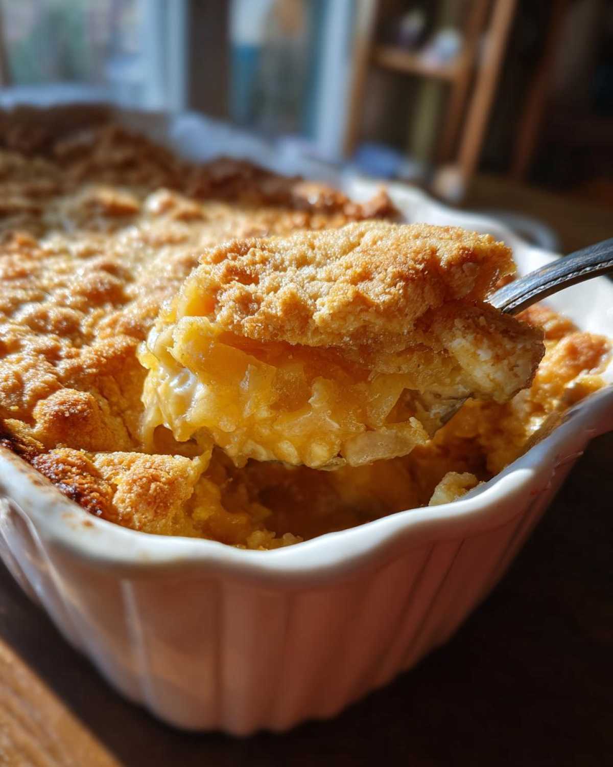 A spoonful of creamy, baked Tennessee Onions Casserole being lifted from a white dish, showing a golden crumb topping.