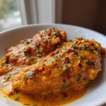 Two fillets of Tilapia in Pepper Sauce, richly coated in a creamy, orange sauce with visible red pepper flakes and green herbs.