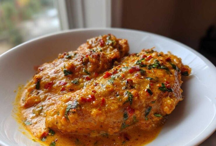 Two fillets of Tilapia in Pepper Sauce, richly coated in a creamy, orange sauce with visible red pepper flakes and green herbs.