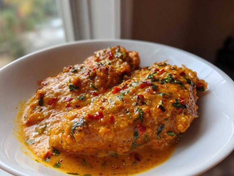 Two fillets of Tilapia in Pepper Sauce, richly coated in a creamy, orange sauce with visible red pepper flakes and green herbs.