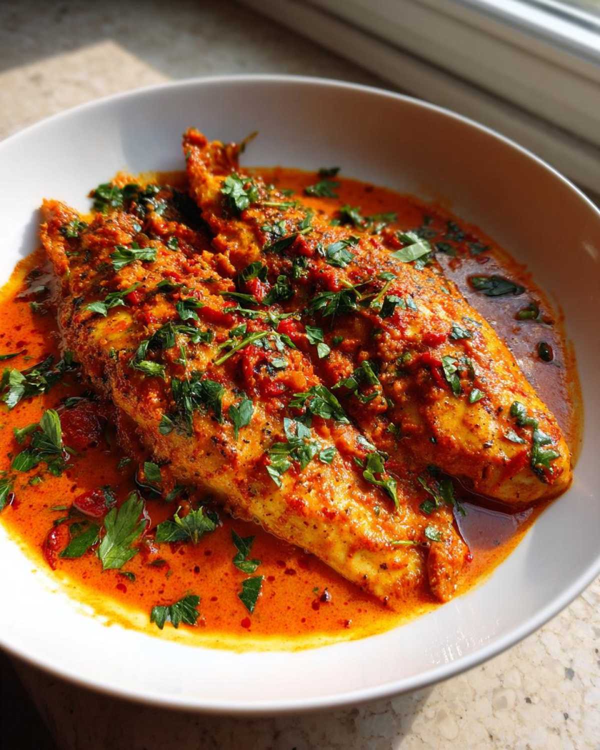 Two golden fillets of Tilapia in Pepper Sauce, generously topped with fresh chopped parsley.