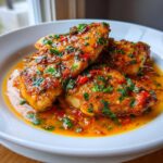 Three pan-seared Tilapia in Pepper Sauce fillets covered in a vibrant orange sauce with chopped red chilies and parsley.