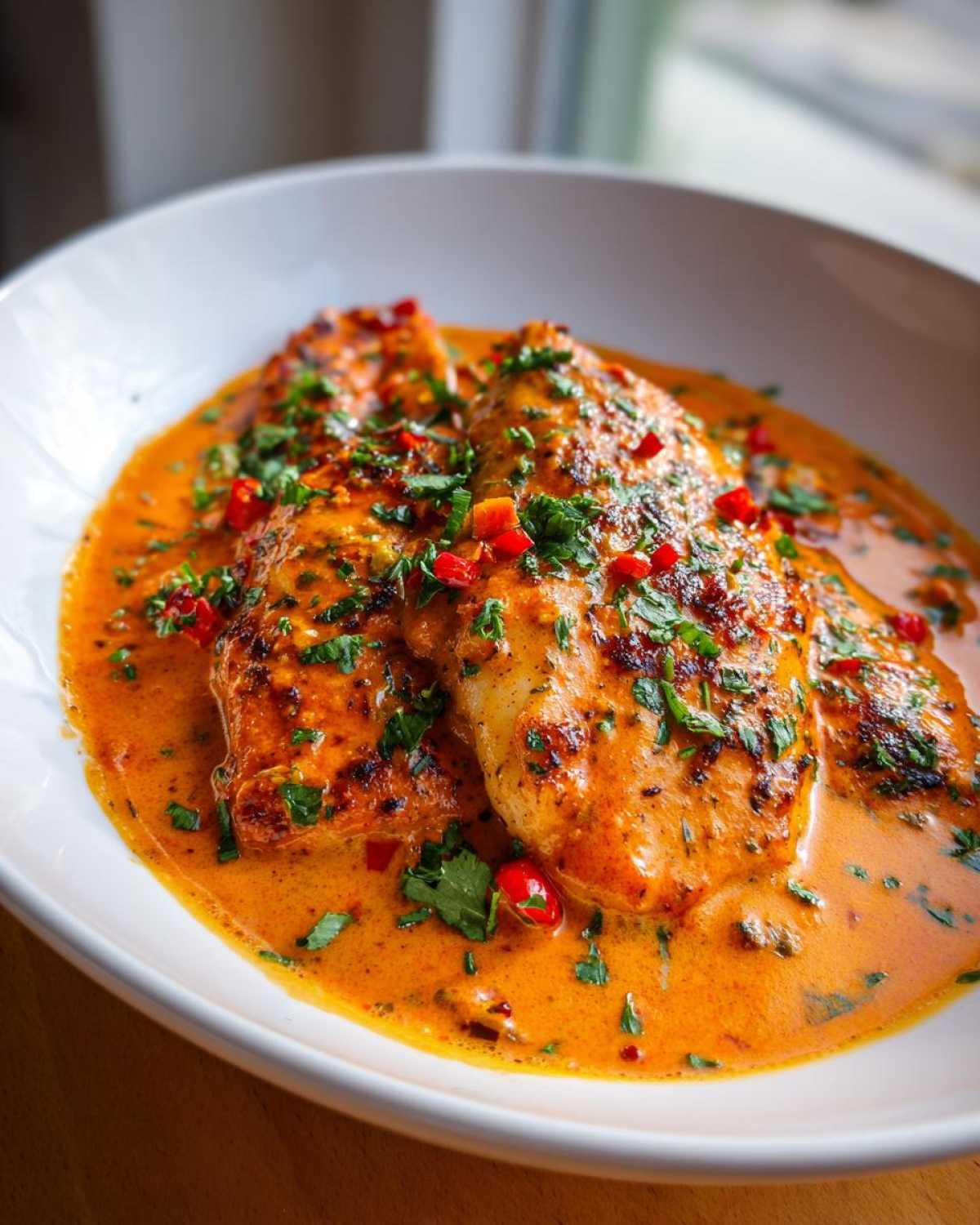 Two fillets of seasoned Tilapia in Pepper Sauce, garnished with fresh parsley and red chili pieces, served in a white bowl.