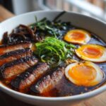 A close-up of a bowl of Tonkotsu Ramen with slices of seared chashu pork, marinated soft-boiled eggs, and black garlic oil.