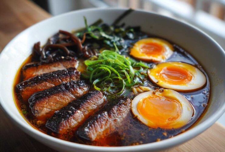 A close-up of a bowl of Tonkotsu Ramen with slices of seared chashu pork, marinated soft-boiled eggs, and black garlic oil.
