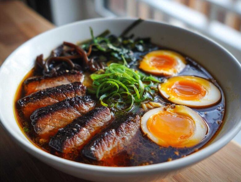 A close-up of a bowl of Tonkotsu Ramen with slices of seared chashu pork, marinated soft-boiled eggs, and black garlic oil.