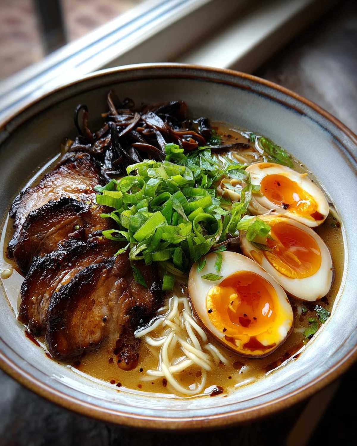 Close-up of a bowl of Tonkotsu Ramen with Chashu pork slices, bright green scallions, and two halves of a jammy soft-boiled egg.
