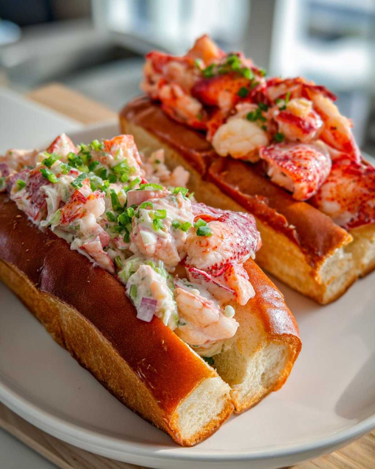 Two delicious Lobster Roll sandwiches side-by-side: one creamy Maine style and one buttered Connecticut style Lobster Roll.