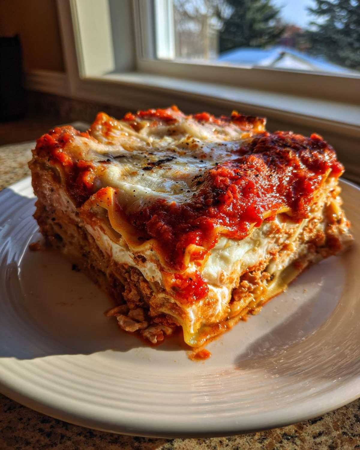 A thick, layered slice of Vegan Dumpling Lasagna topped with rich red sauce and melted white vegan cheese, served on a plate.