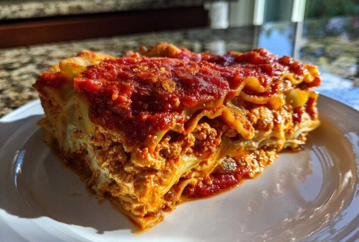 A close-up, sunlit serving of Vegan Dumpling Lasagna showing layers of pasta, rich filling, and tomato sauce.
