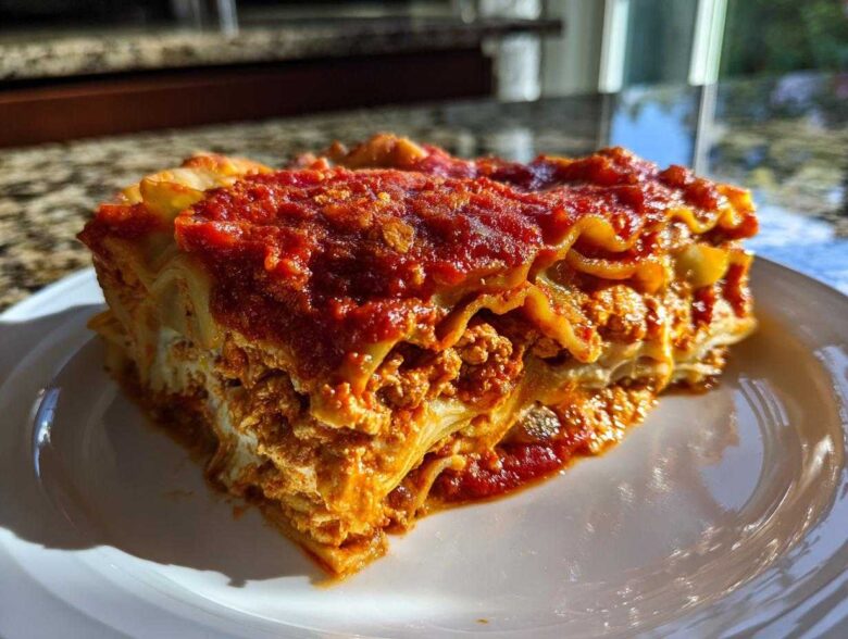 A close-up, sunlit serving of Vegan Dumpling Lasagna showing layers of pasta, rich filling, and tomato sauce.