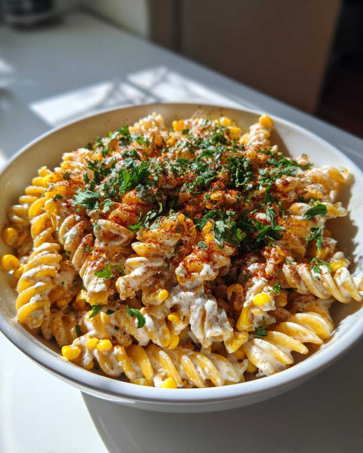 A close-up of a bowl filled with Vegan Elote Pasta Salad, featuring fusilli pasta, creamy sauce, corn, and topped with chili powder and fresh parsley.
