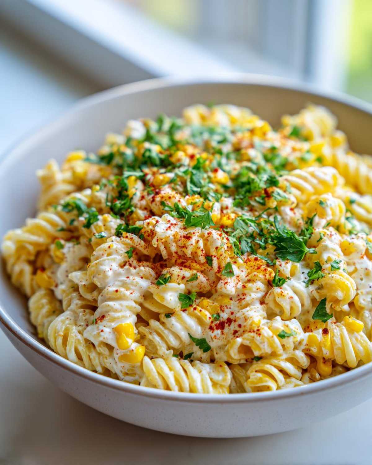 Close-up of a bowl of creamy Vegan Elote Pasta Salad featuring fusilli pasta, corn kernels, and a sprinkle of paprika and parsley.