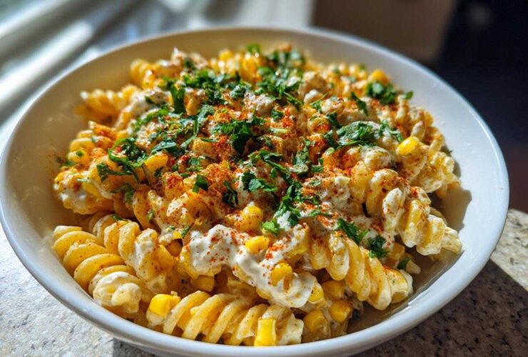 Close-up of a white bowl filled with Vegan Elote Pasta Salad, featuring fusilli pasta, creamy sauce, corn, and topped with chili powder and cilantro.