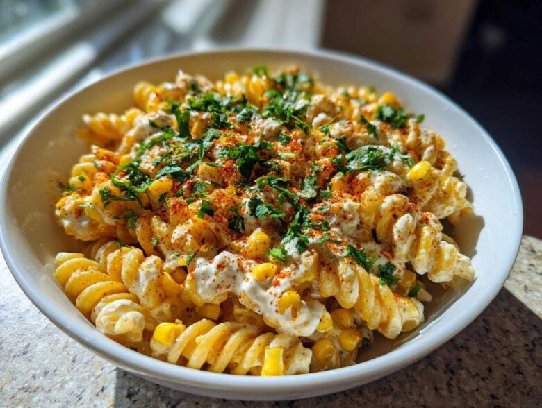 Close-up of a white bowl filled with Vegan Elote Pasta Salad, featuring fusilli pasta, creamy sauce, corn, and topped with chili powder and cilantro.