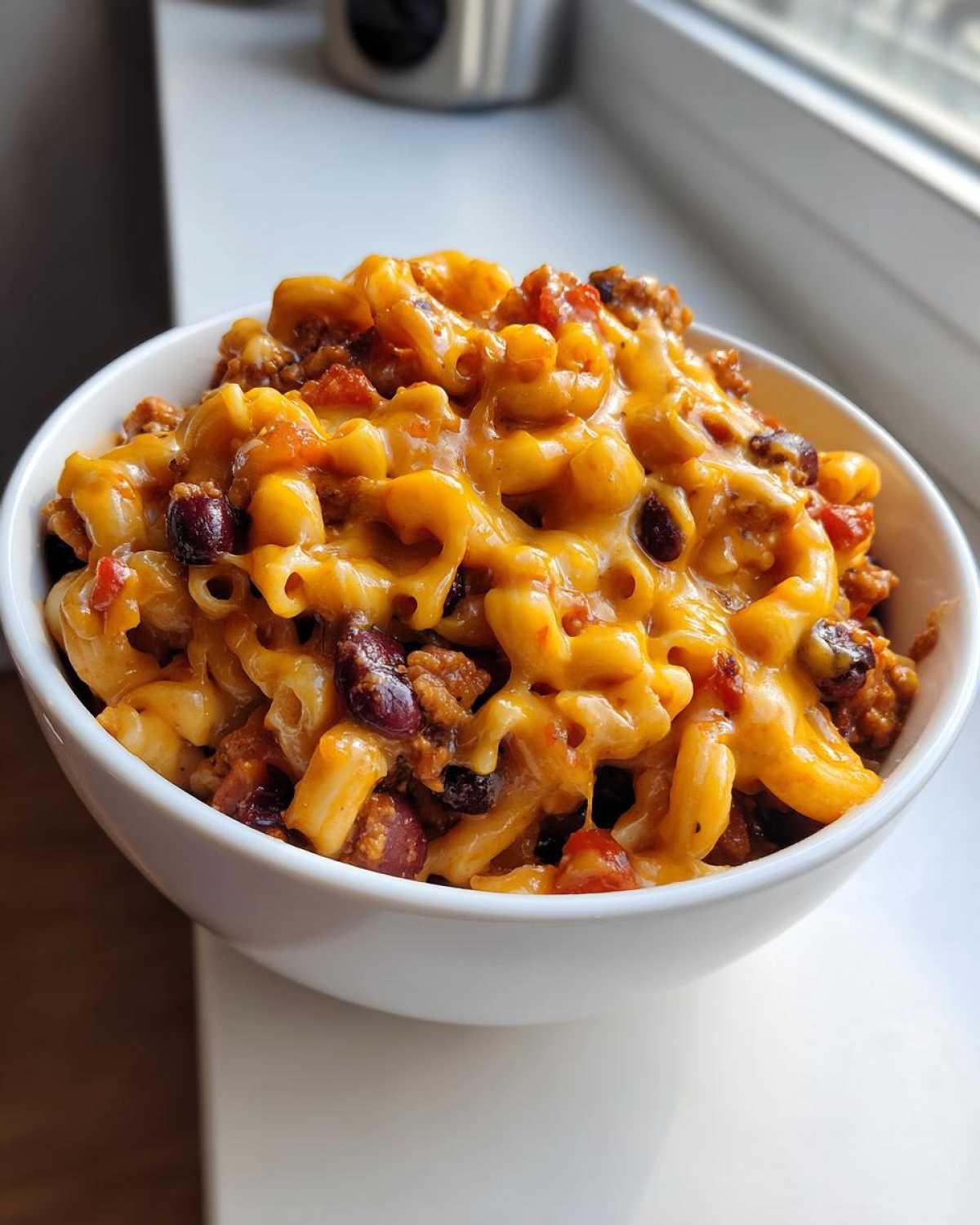 Close-up of a white bowl filled with creamy Vegetarian Chili Mac topped with melted cheddar cheese.
