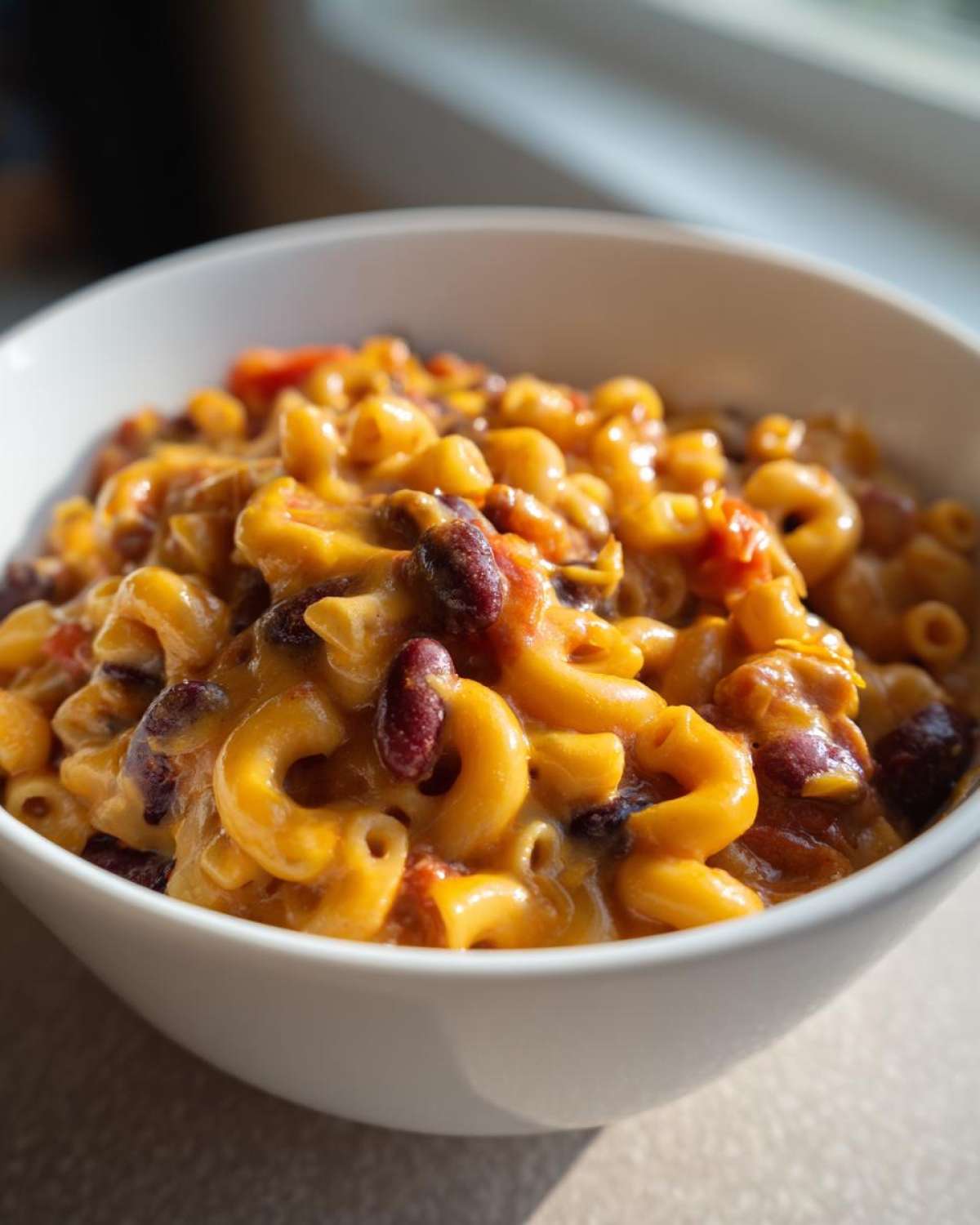 A close-up view of a hearty bowl of Vegetarian Chili Mac featuring elbow macaroni coated in a rich, cheesy sauce with visible kidney beans and tomatoes.