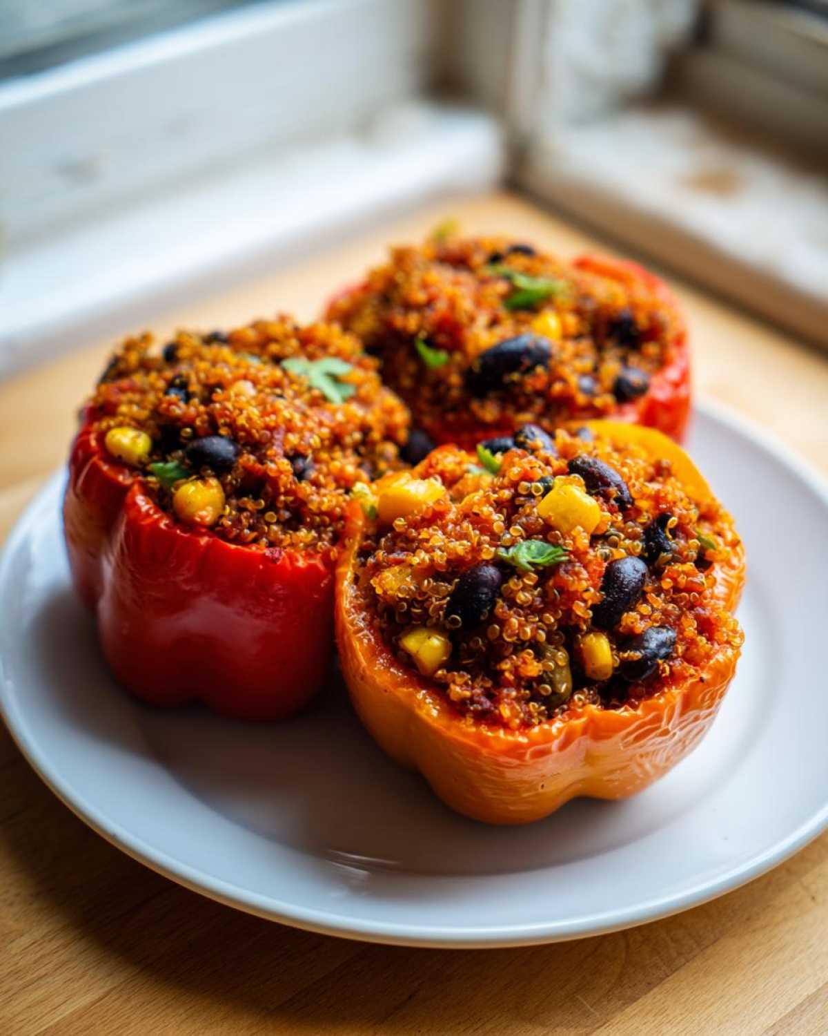 Three halves of Vegetarian Stuffed Bell Peppers Dinner filled with quinoa, black beans, and corn on a white plate.