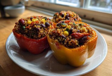Three colorful Vegetarian Stuffed Bell Peppers Dinner halves filled with quinoa, beans, and corn, served on a white plate.