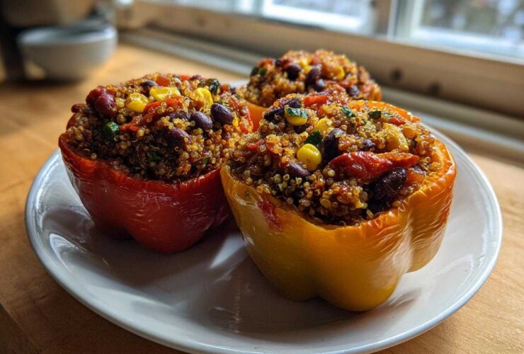 Three colorful Vegetarian Stuffed Bell Peppers Dinner halves filled with quinoa, beans, and corn, served on a white plate.