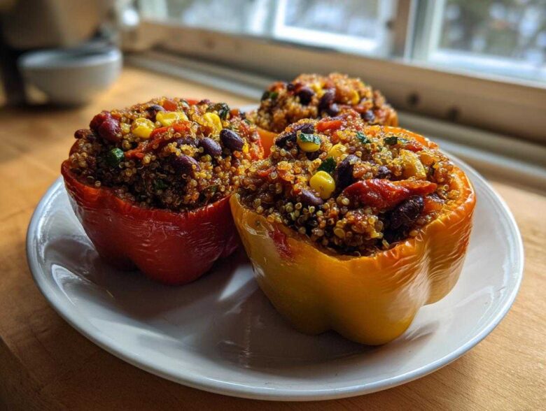 Three colorful Vegetarian Stuffed Bell Peppers Dinner halves filled with quinoa, beans, and corn, served on a white plate.