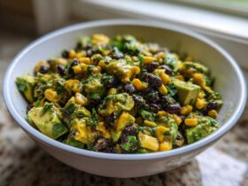 Close-up of a bright, chunky Avocado Salad featuring diced avocado, black beans, and corn in a white bowl.