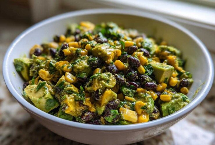Close-up of a bright, chunky Avocado Salad featuring diced avocado, black beans, and corn in a white bowl.