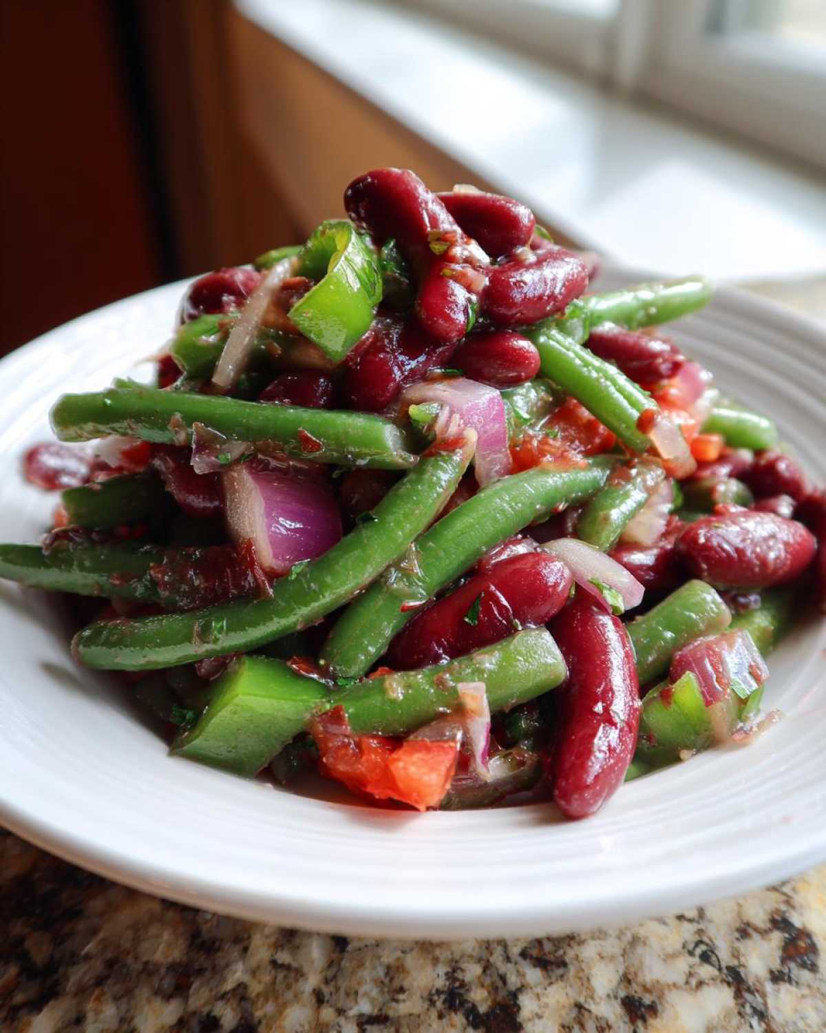 Close-up of a vibrant Bean Salad featuring kidney beans, green beans, red onion, and green pepper tossed in dressing.