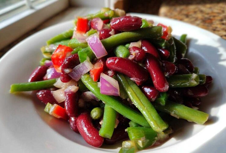 Close-up of a vibrant Bean Salad featuring kidney beans, green beans, red onion, and red peppers on a white plate.