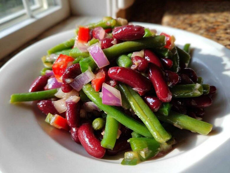 Close-up of a vibrant Bean Salad featuring kidney beans, green beans, red onion, and red peppers on a white plate.