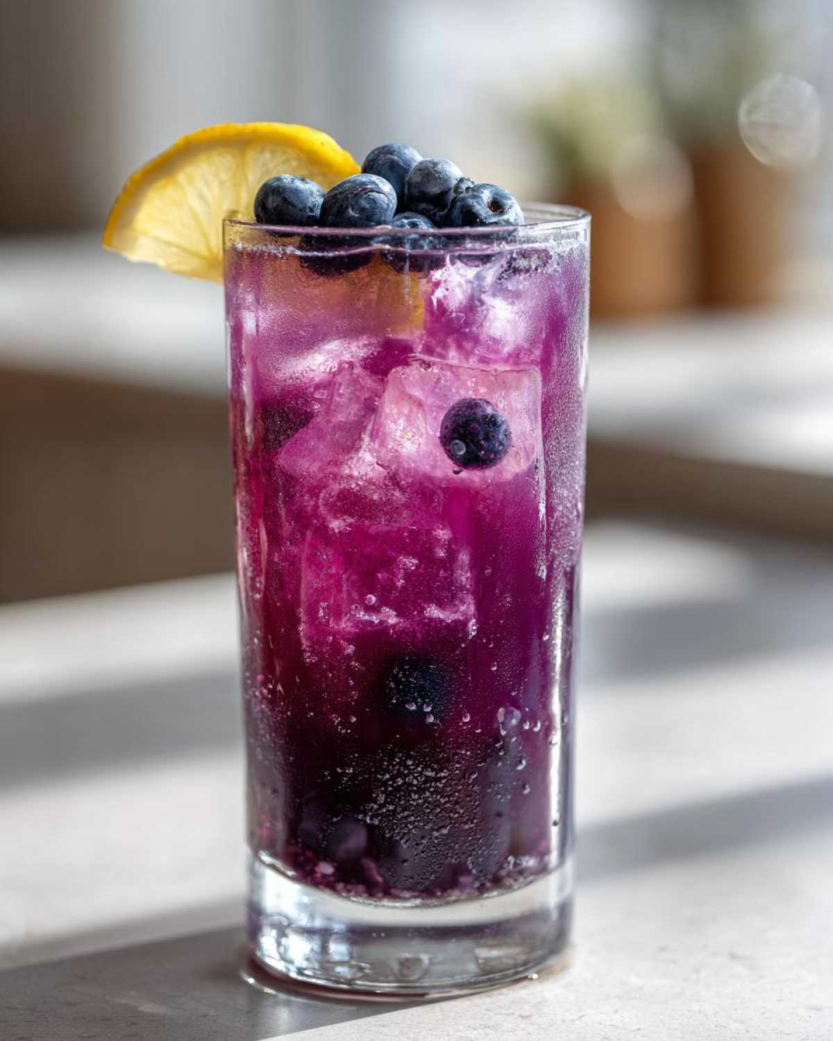 A tall, chilled glass of vibrant purple Blueberry Lemonade garnished with fresh blueberries and a lemon slice.