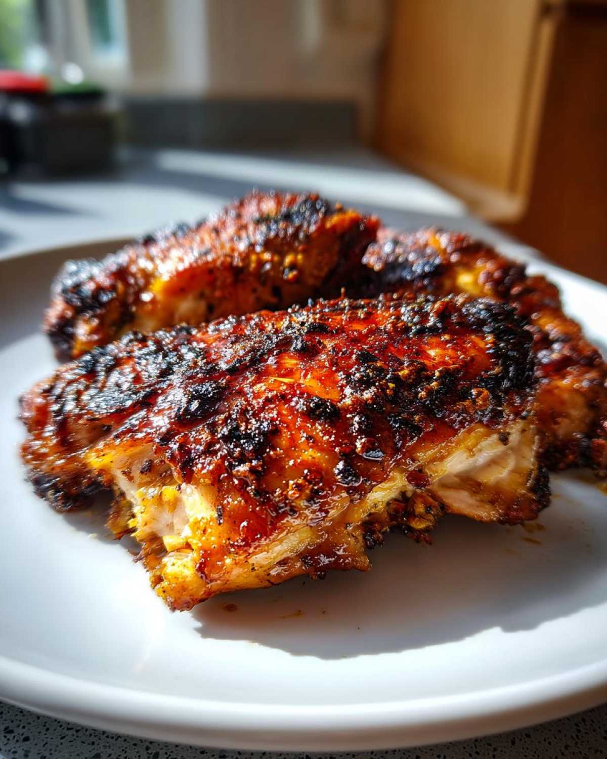 Close-up of beautifully caramelized and charred Vietnamese Grilled Chicken pieces resting on a white plate.