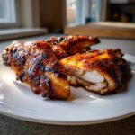 Close-up of perfectly cooked Vietnamese Grilled Chicken pieces on a white plate, showing the moist interior.