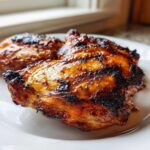 Close-up of three pieces of glistening, charred Vietnamese Grilled Chicken on a white plate.