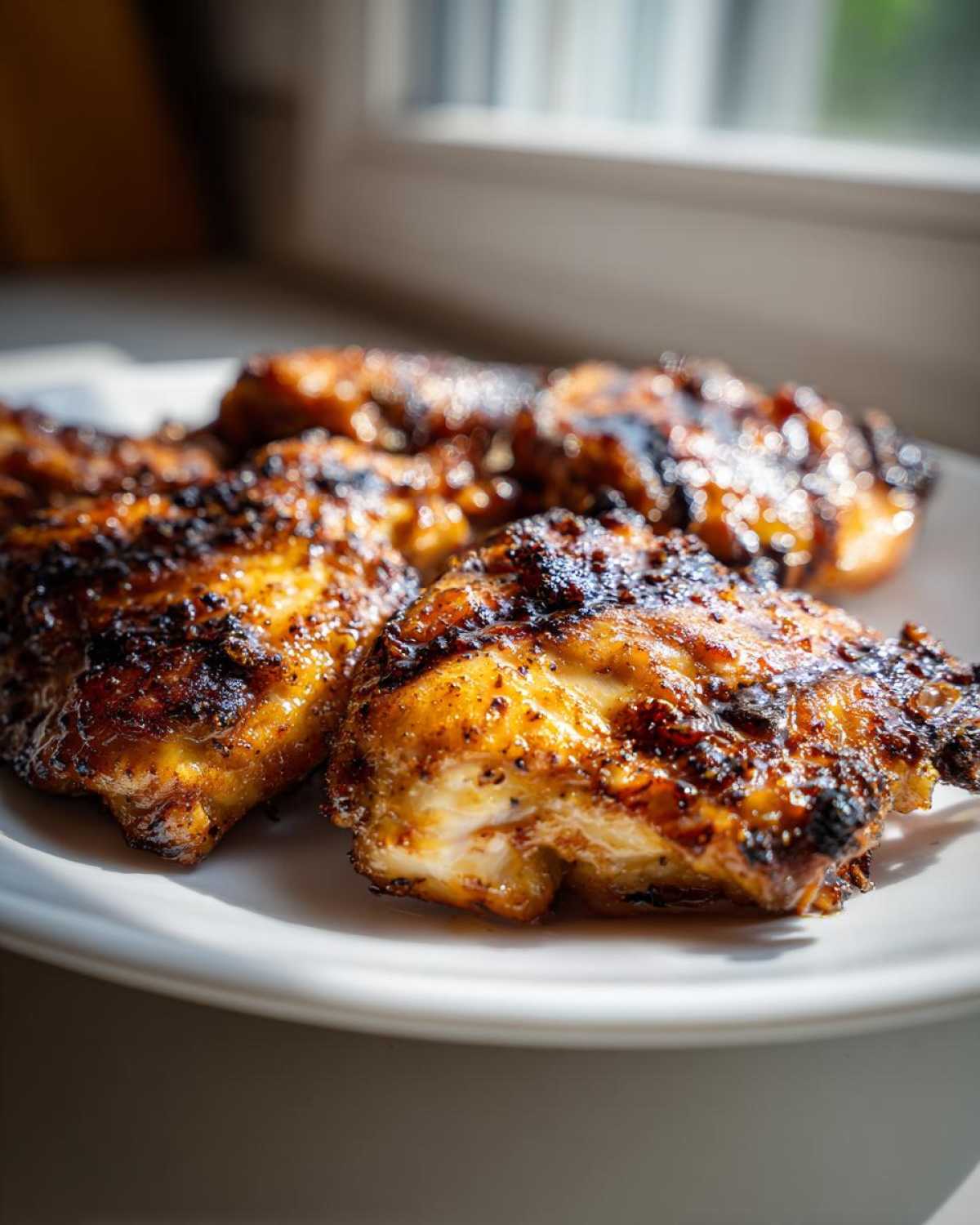 Close-up of juicy, caramelized Vietnamese Grilled Chicken pieces resting on a white plate.