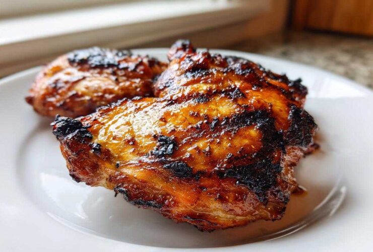 Close-up of three pieces of glistening, charred Vietnamese Grilled Chicken on a white plate.