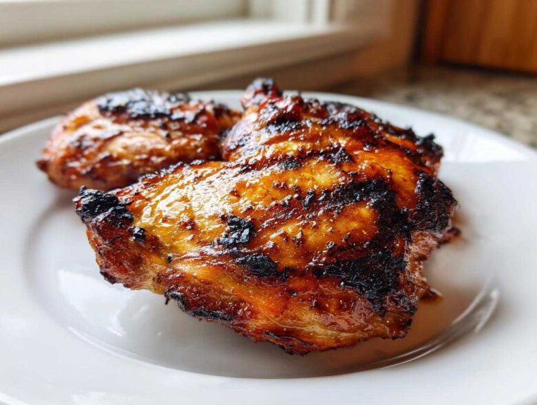 Close-up of three pieces of glistening, charred Vietnamese Grilled Chicken on a white plate.