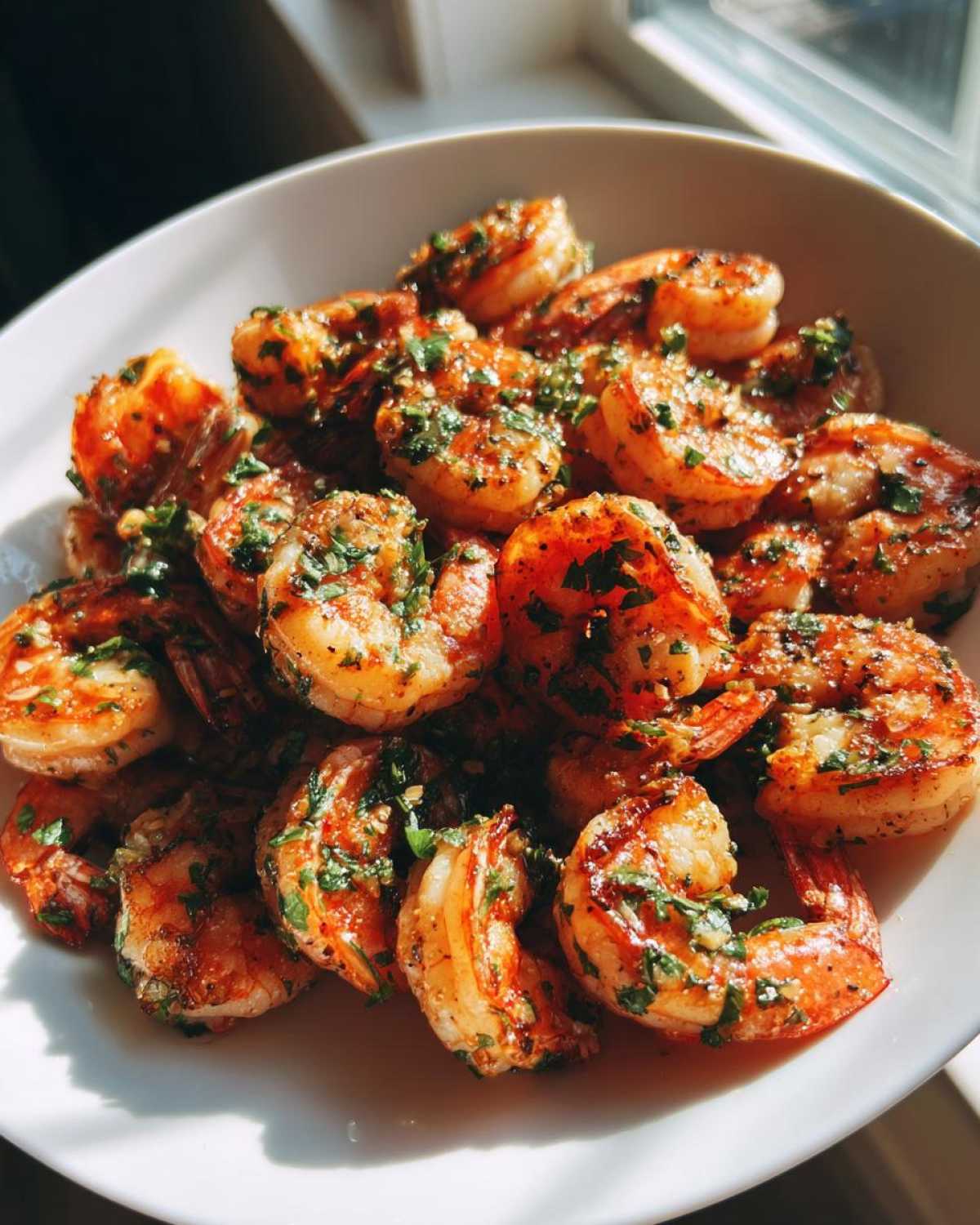 A white bowl filled with perfectly grilled Zesty Lime Cilantro Grilled Shrimp, garnished with fresh green herbs.