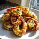 Close-up of perfectly grilled Zesty Lime Cilantro Grilled Shrimp piled on a white plate, glistening with marinade.