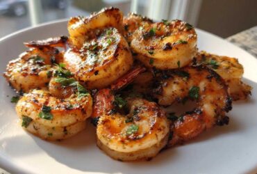 Close-up of perfectly grilled Zesty Lime Cilantro Grilled Shrimp piled on a white plate, garnished with fresh herbs.