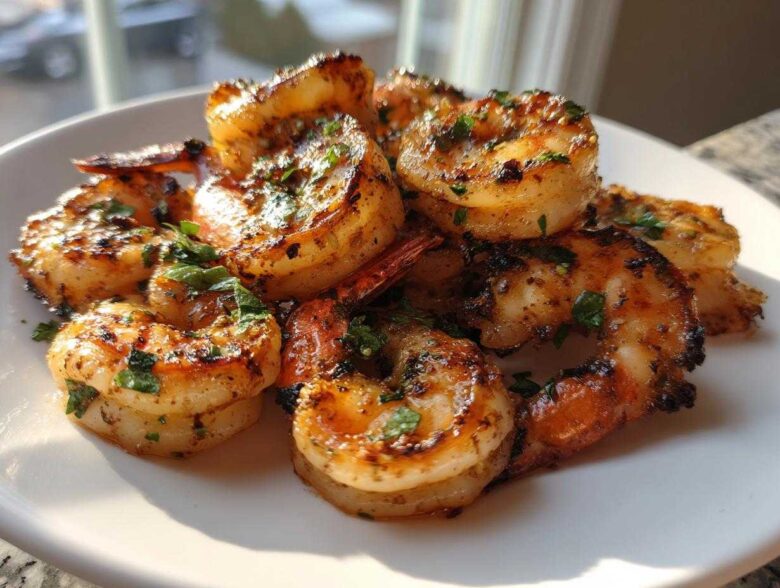 Close-up of perfectly grilled Zesty Lime Cilantro Grilled Shrimp piled on a white plate, garnished with fresh herbs.