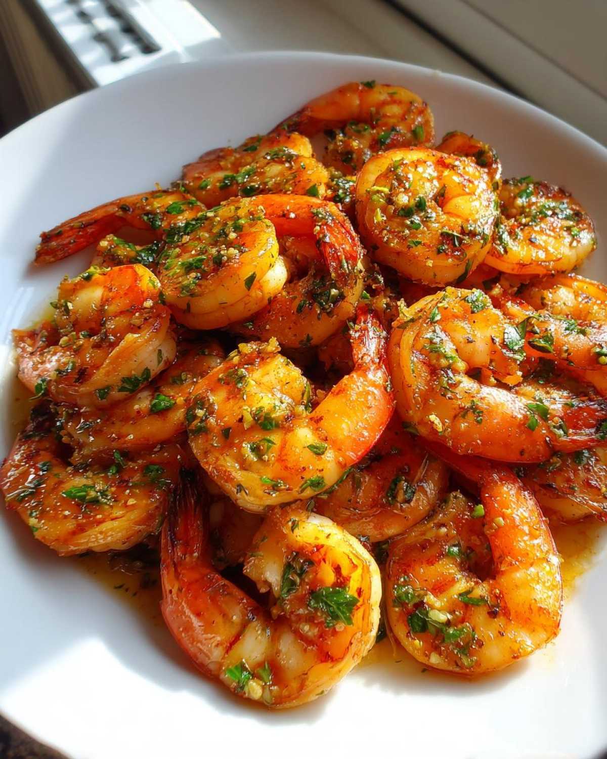 A pile of perfectly cooked Zesty Lime Cilantro Grilled Shrimp glistening with marinade on a white plate.
